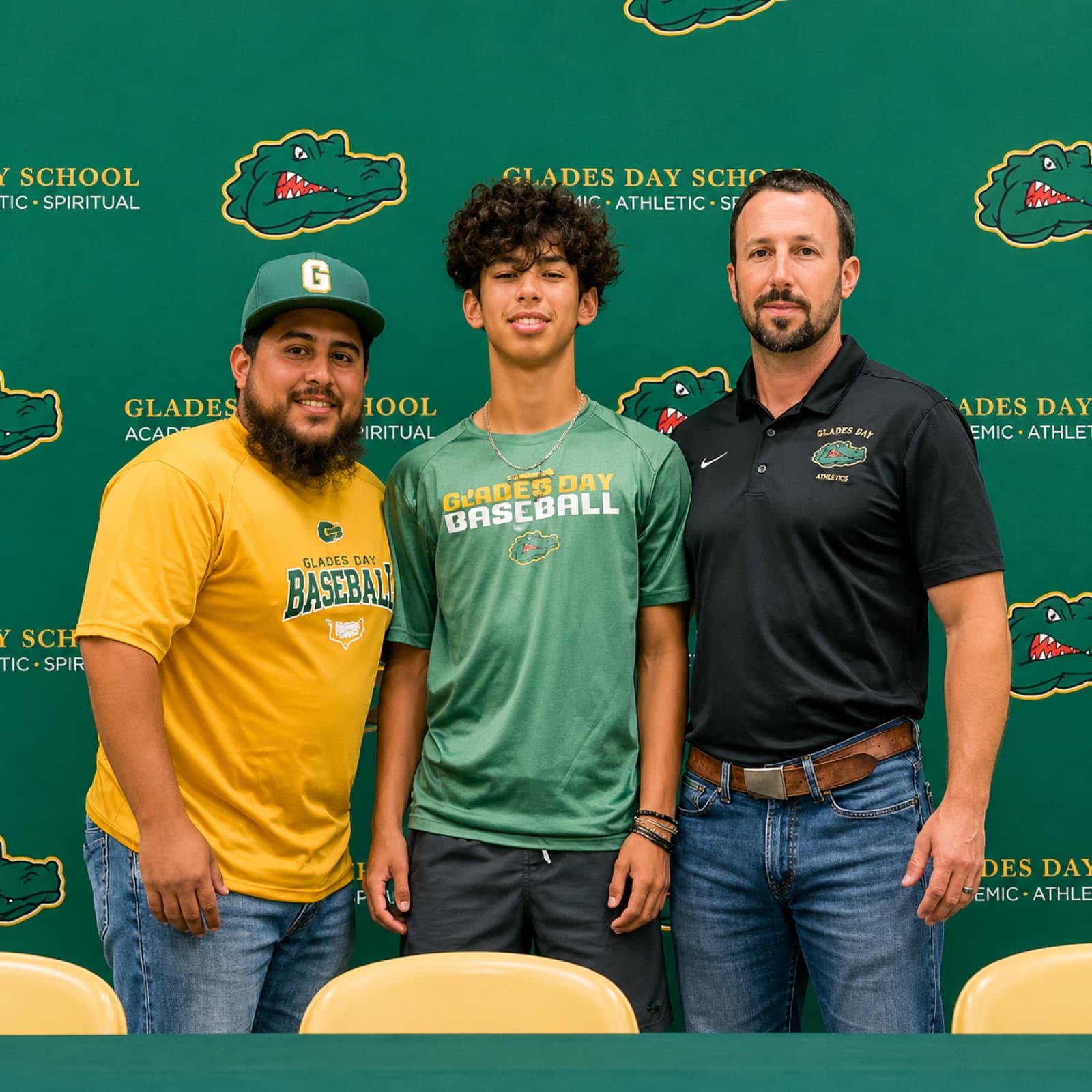 Rene Leon Jr. with a Glades Day School baseball player on signing day