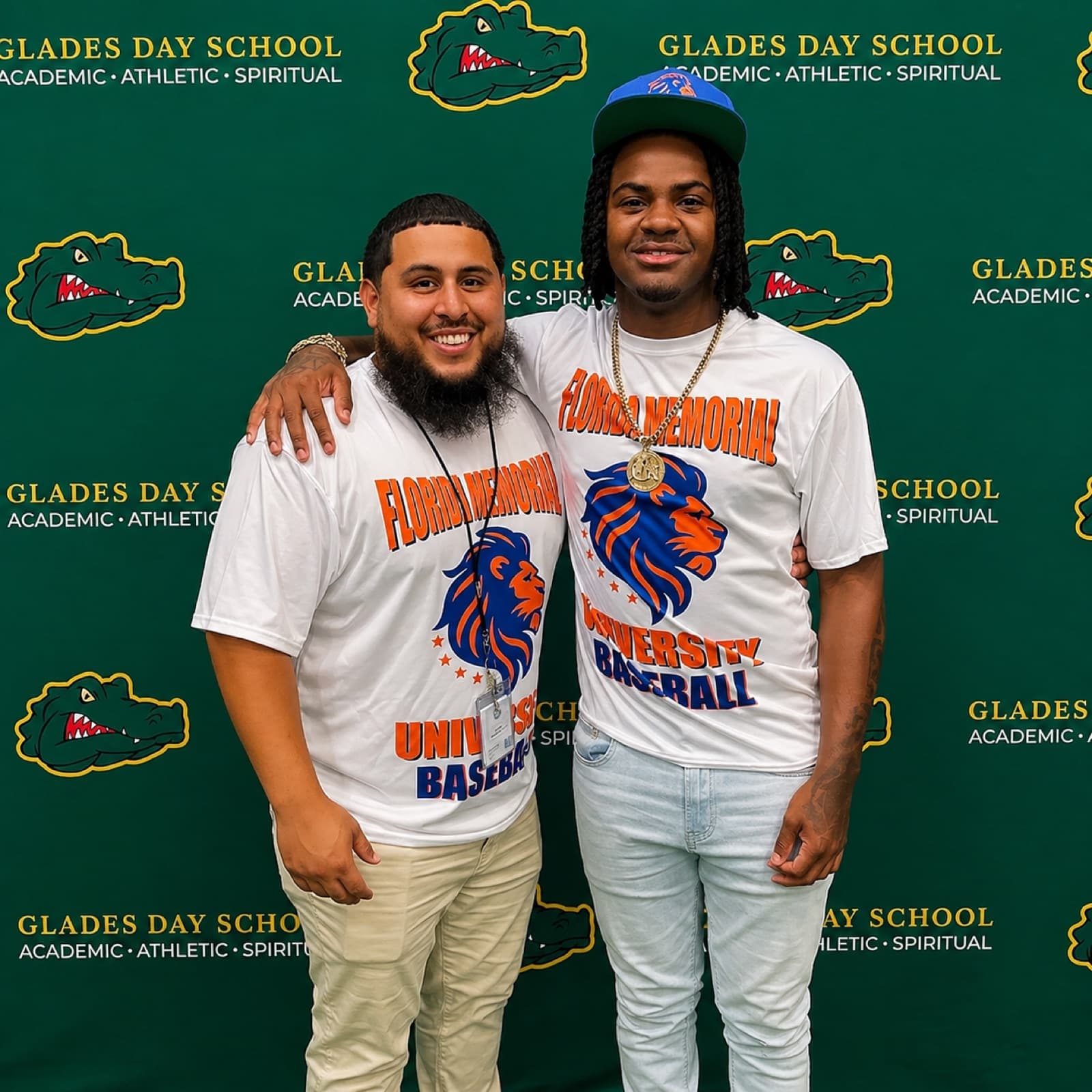 Rene Leon Jr. celebrating a Glades Day School player's signing to Florida Memorial University Baseball
